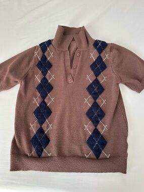 Women’s Argyle Short-Sleeve Polo Sweater in Mauve and Navy